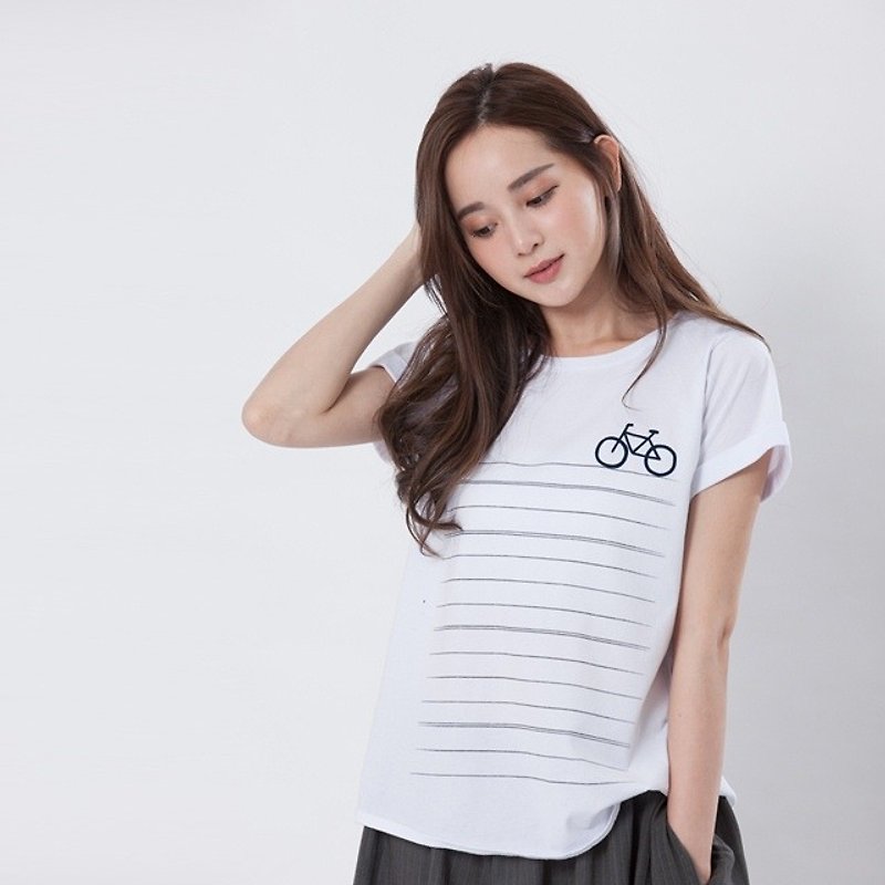 Bicycle Square Sleeves T-shirt /White - Women's T-Shirts - Cotton & Hemp White
