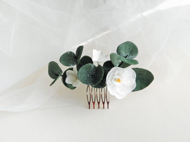 Eucalyptus hair comb Flower hair comb bride Bridal hair piece floral - เครื่องประดับผม - วัสดุอื่นๆ สีเขียว