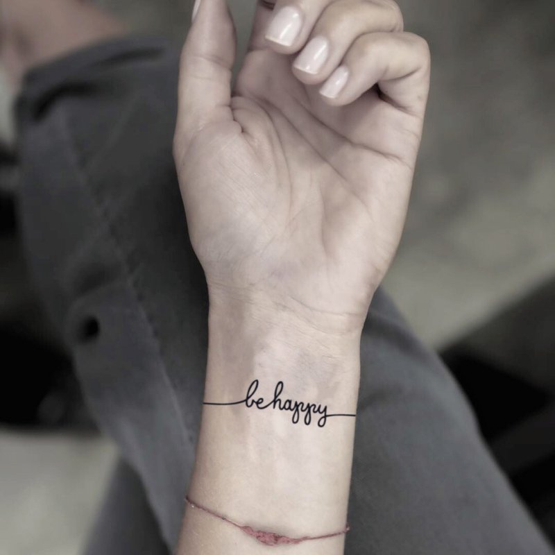 Be Happy Temporary Fake Tattoo Sticker (Set of 2) - OhMyTat - สติ๊กเกอร์แทททู - กระดาษ สีดำ