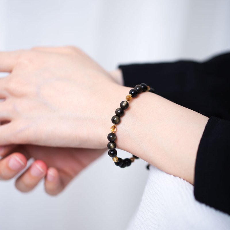 Black Obsidian, Golden Rutilated Quartz , 14K Gold Filled Findings Bracelet - สร้อยข้อมือ - เครื่องเพชรพลอย สีดำ