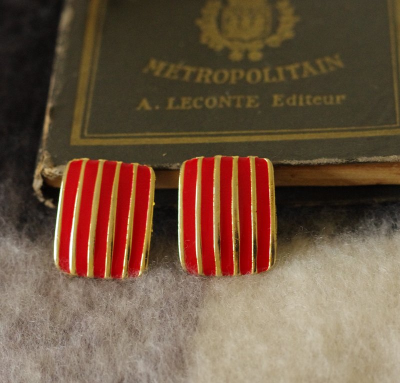 古董紅金雙色直線條琺瑯長方形針式耳環 P482 - 耳環/耳夾/耳骨夾 - 其他金屬 金色