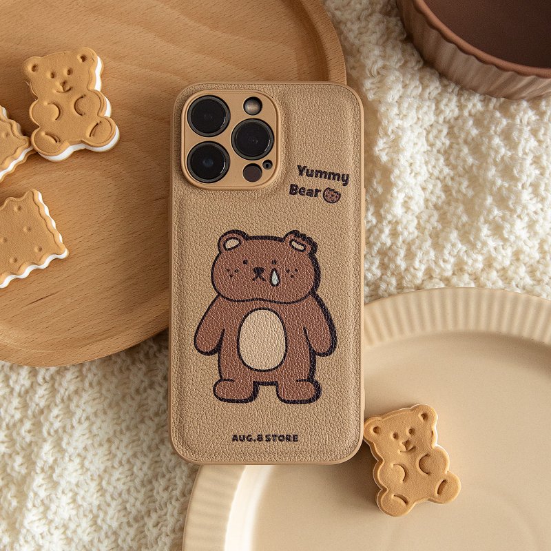 AUG8 STORE Cookie Bear iPhone Case Lychee Leather Matte - เคส/ซองมือถือ - วัสดุอื่นๆ 