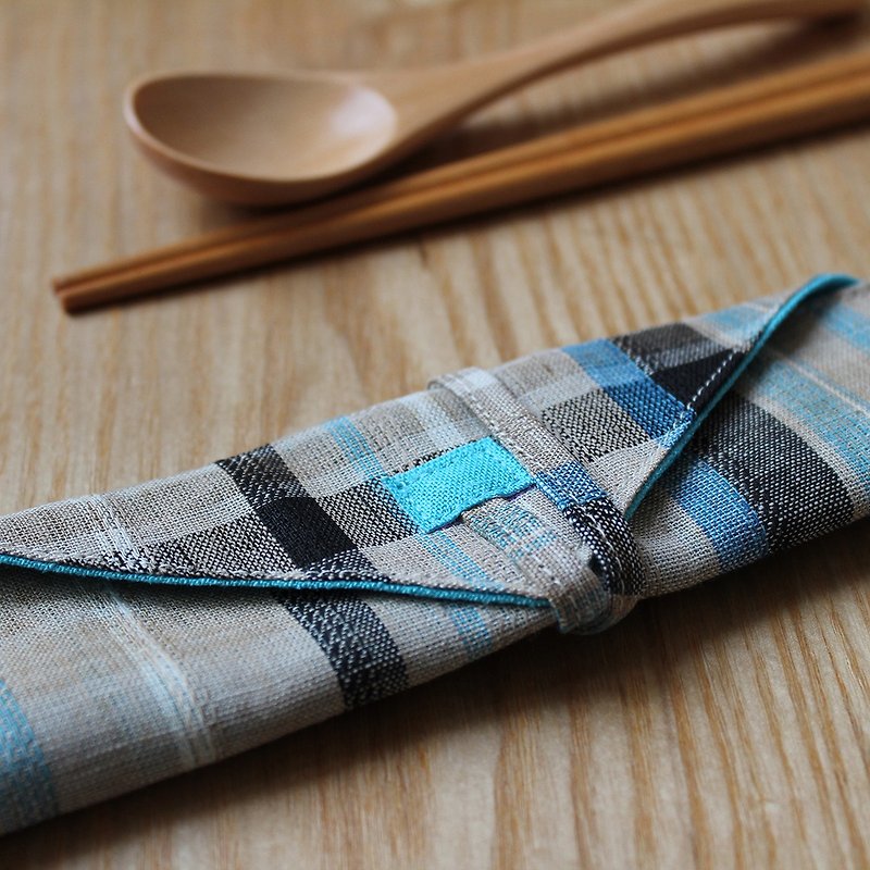 DailyPOUCH | include chopsticks & spoon | beige ∙ black ∙ blue tartan + blue linen - ตะเกียบ - ผ้าฝ้าย/ผ้าลินิน 