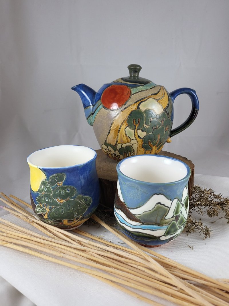 手繪山景大茶壺組 - 茶壺/茶杯/茶具 - 瓷 綠色