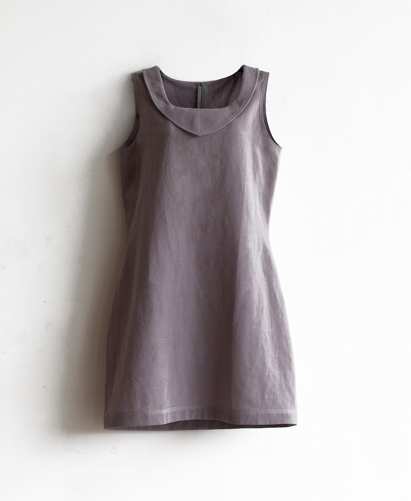 削肩三角領短洋裝 - 連身裙 - 棉．麻 紫色