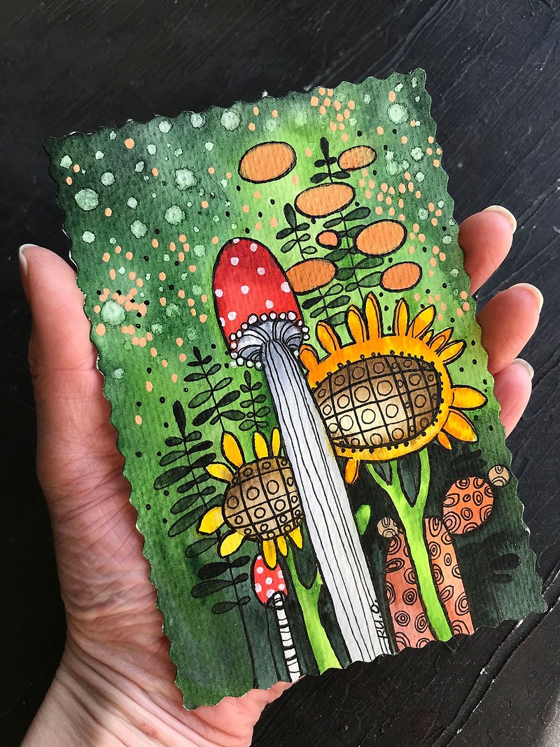 Funky forest painting Mini Original watercolor card Small artwork Miniature art - 掛牆畫/海報 - 紙 多色