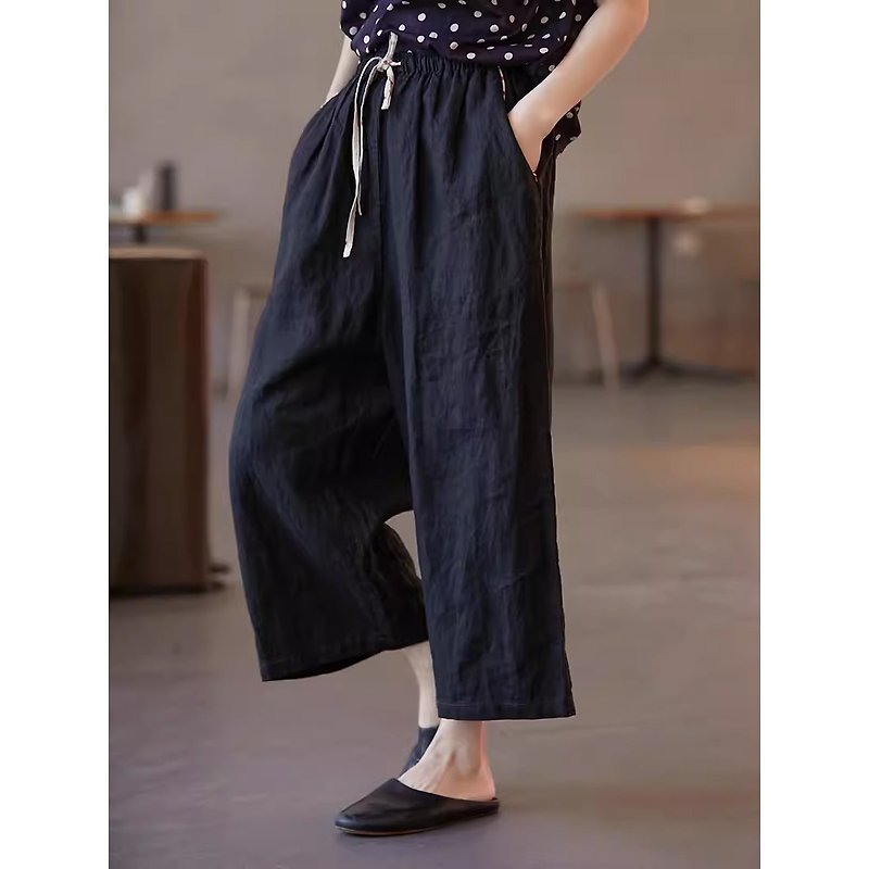 Elegant black pure linen elastic waist casual versatile carrot pants - กางเกงขายาว - ผ้าฝ้าย/ผ้าลินิน 