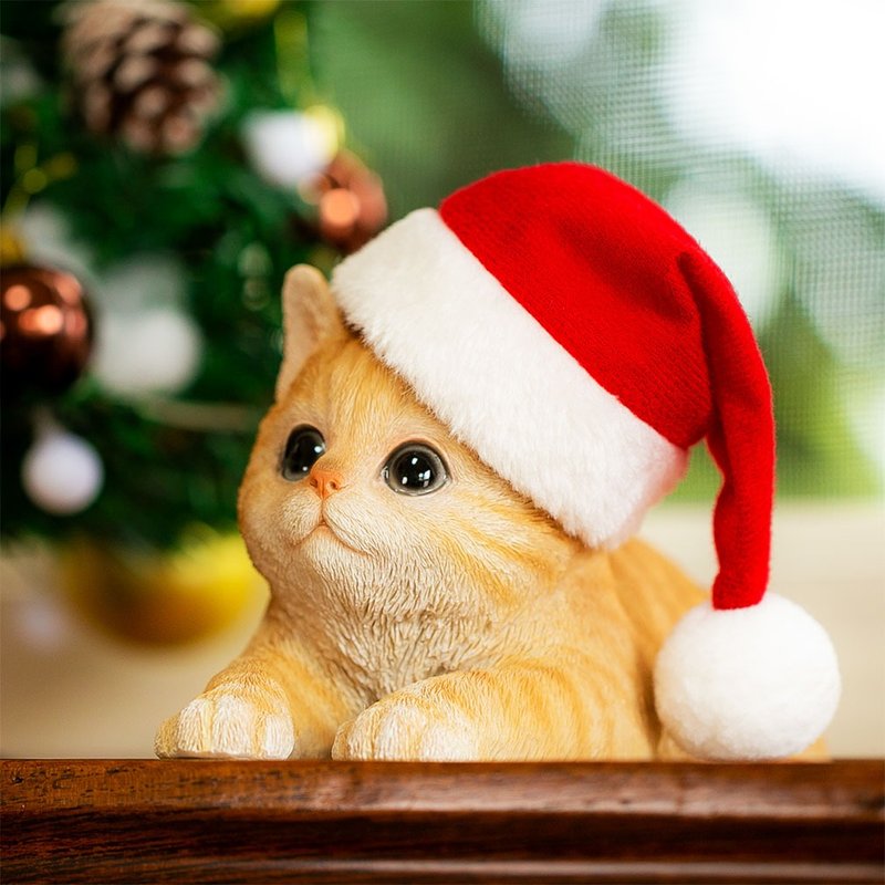 [Devalie] Christmas Gift Cat Figurine Brown Tiger with Santa Hat Christmas Gift Gift Object Cute Birthday Gift xca116y Genuine Product - ของวางตกแต่ง - เรซิน สีนำ้ตาล