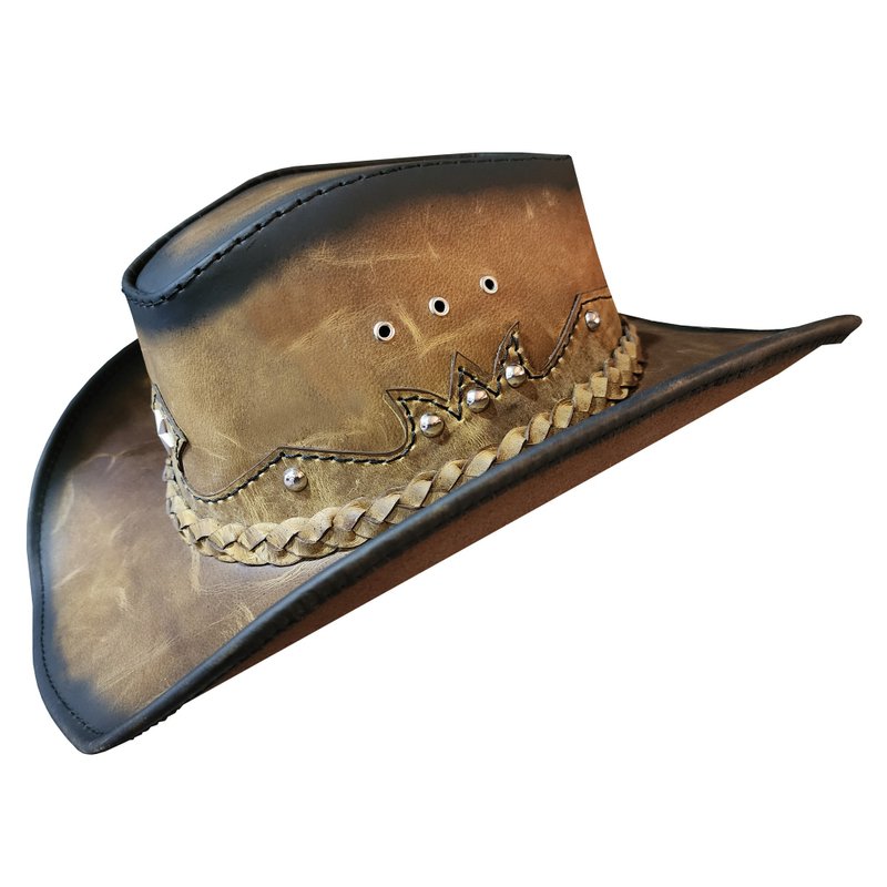 Western Icon Cowboy Smoky Edges Leather Hat - 帽子 - 真皮 卡其色