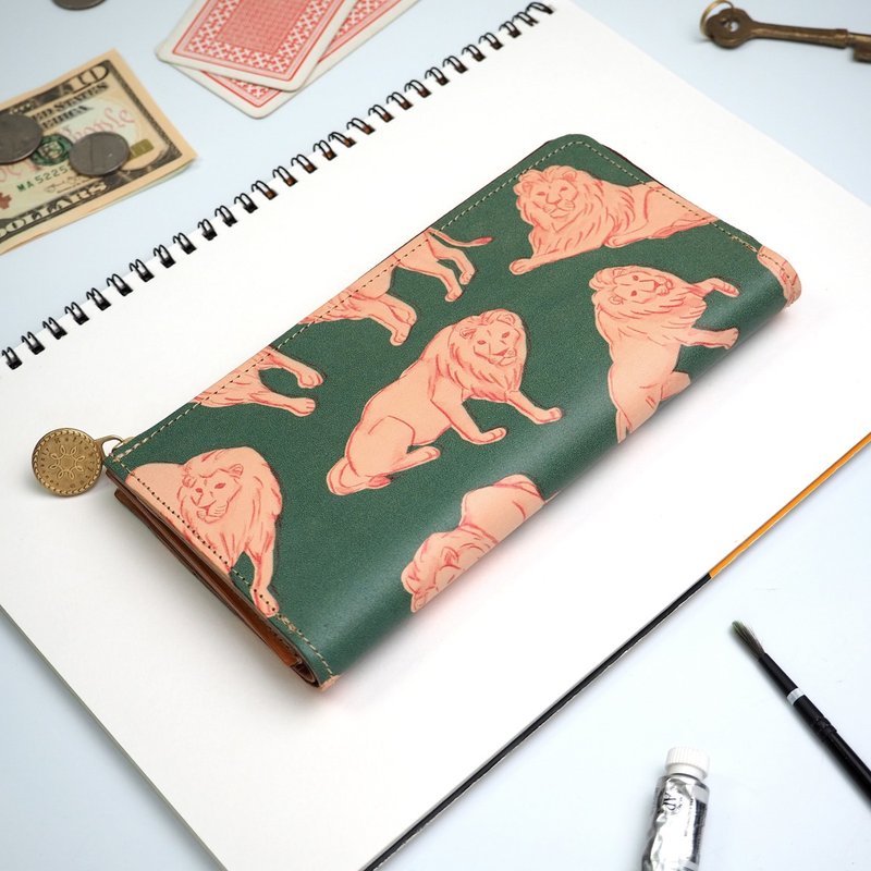 L-shaped zipper long wallet / lion - กระเป๋าสตางค์ - หนังแท้ สีเขียว