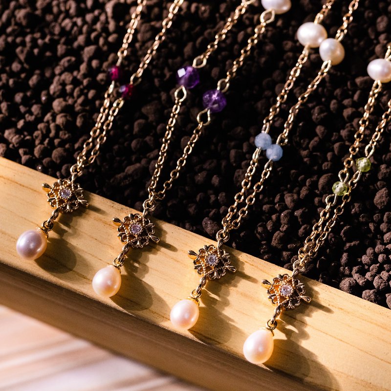 【Birthstone・January-April】Crystal Necklace│ Stone・Amethyst・Aquamarine・Stone - Necklaces - Gemstone Multicolor