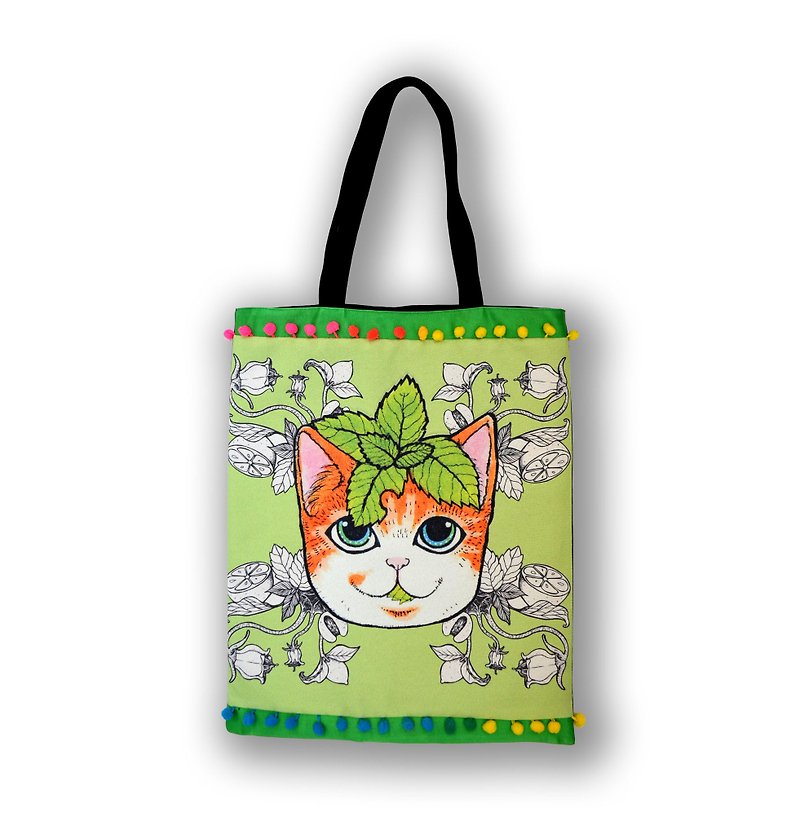 GOOKASO pink mint green mint cats double-sided shopping bag TOTE BAG - กระเป๋าถือ - ผ้าฝ้าย/ผ้าลินิน สีเขียว