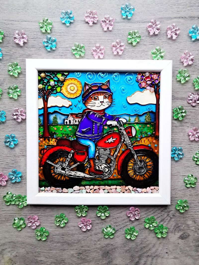 摩托车儿童房墙上挂着宠物爱好者的玻璃猫原画 - 壁貼/牆壁裝飾 - 玻璃 多色