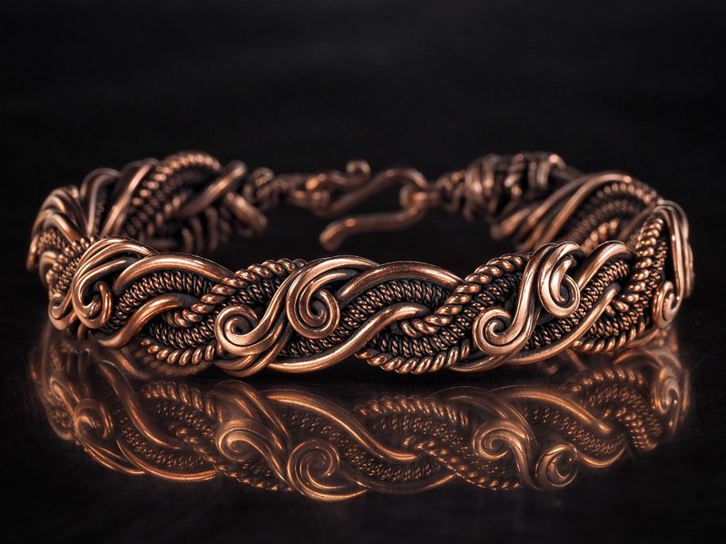 Pure copper bracelet for her Unique wire wrapped metal bangle Handmade jewelry - 手鍊/手環 - 銅/黃銅 金色