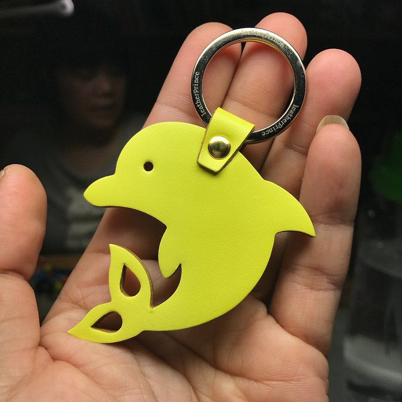 {Leatherprince handmade leather} Taiwan MIT yellow cute dolphin silhouette version leather key ring / Dolphin Silhouette leather keychain in yellow (Small size / - Keychains - Genuine Leather Yellow