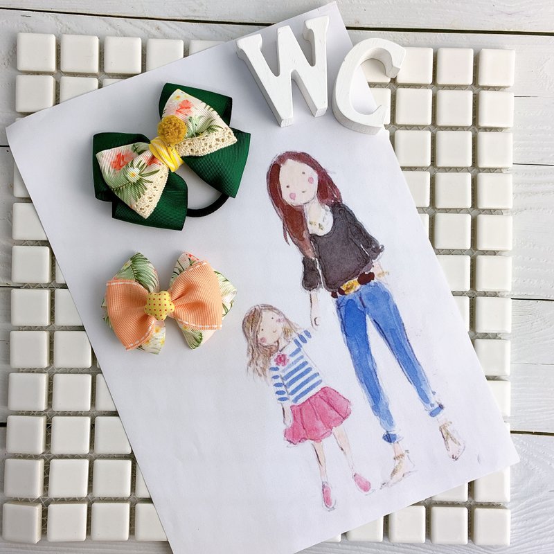 W&C手作 ||南洋想像|| 碧綠 粉橘 南洋布藝  親子髮飾 實戴照 - 嬰兒手鍊/飾品 - 其他材質 多色