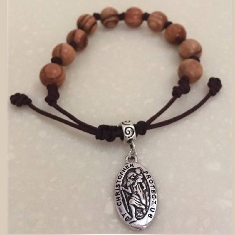 Imported from Israel, 10mm olive wood bead bracelet St. Christopher's hand circumference length can be adjusted 8251014 - Bracelets - Wood Brown