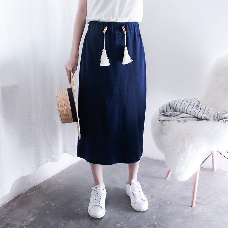 MaodiuL dark blue fringed fresh European and American college knitted fashionable half skirt - Skirts - Other Materials Blue