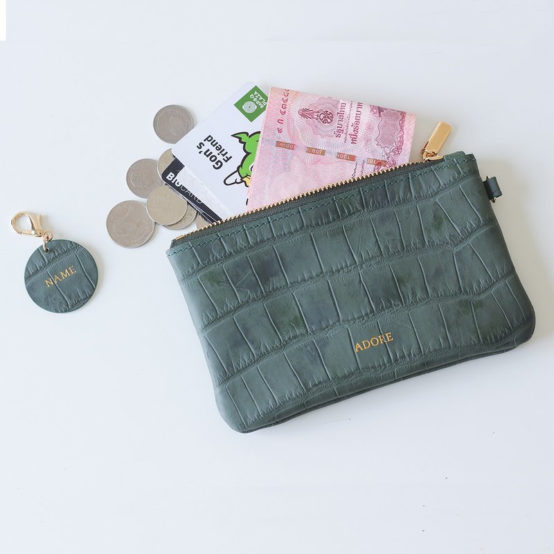 Handmade leather Coin Purse with Personalized Name Stamp - Forest Green - 散紙包 - 真皮 綠色