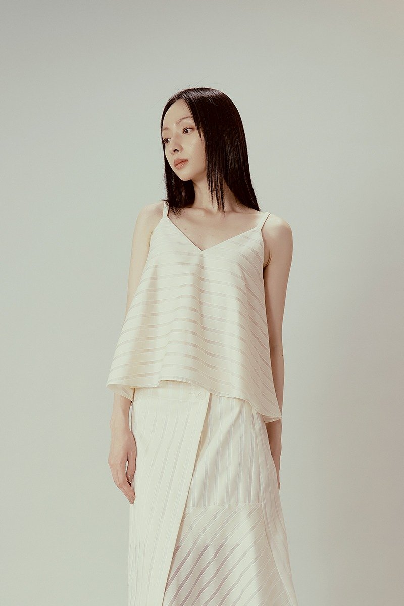 Beige Striped Vest - เสื้อกั๊กผู้หญิง - ผ้าฝ้าย/ผ้าลินิน ขาว