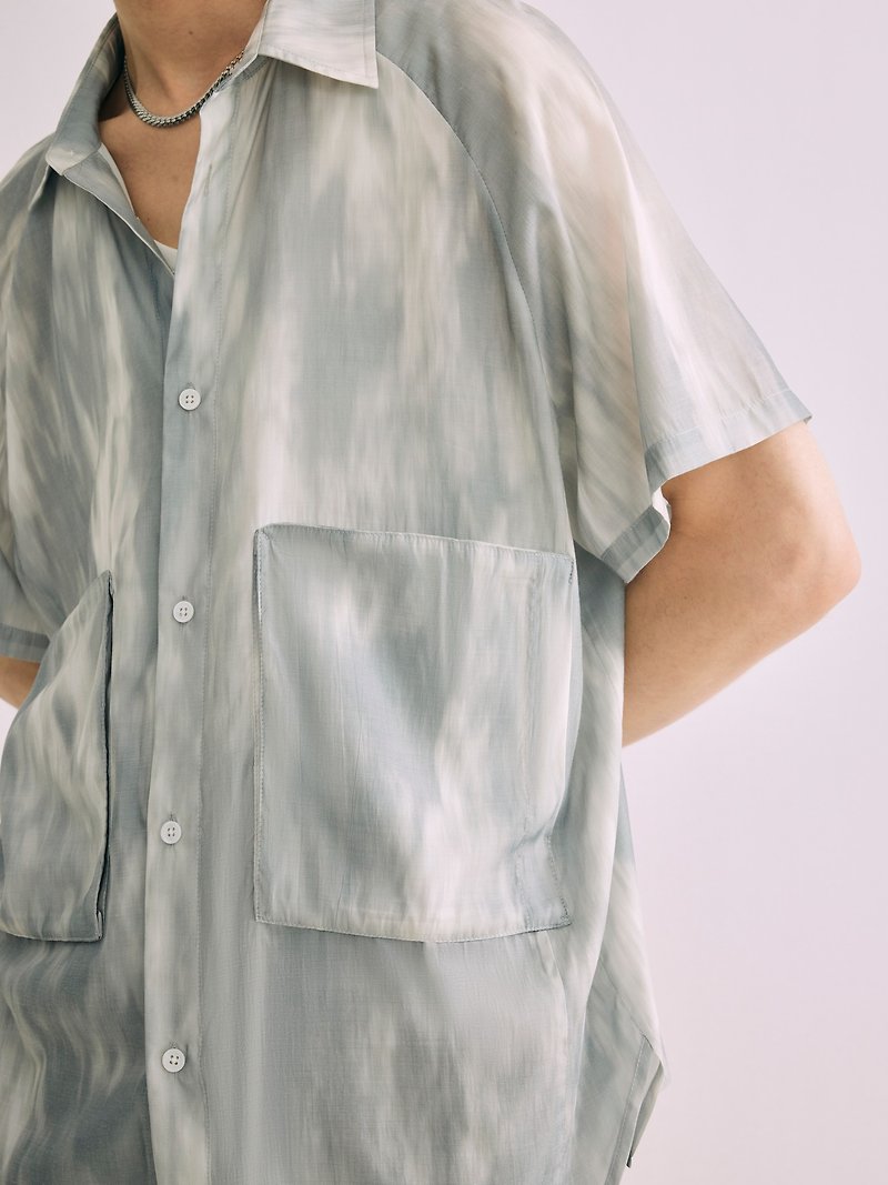 GRAINMUSTARD Smudged gray retro raglan sleeves drapey short-sleeved shirt light loose patch pocket top - Men's Shirts - Polyester Multicolor