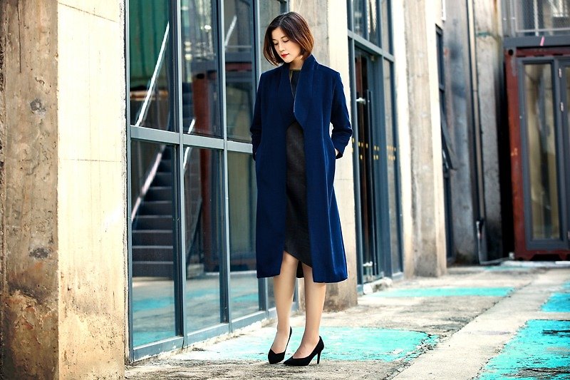 Product. Xiangyun yarn new high-end cashmere coat women's mid-length slim coat simple and fashionable blue mountain - Women's Casual & Functional Jackets - Wool Blue