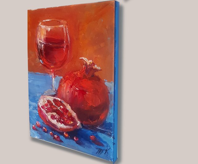 ザクロ ワイン油絵 オリジナル アート スケッチ油絵作品 静物画