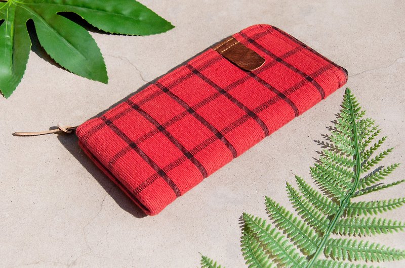 Handmade cotton Linen wallet / long knit stitching leather folder / long wallet / purse / wallet woven - red plaid - กระเป๋าสตางค์ - ผ้าฝ้าย/ผ้าลินิน สีแดง