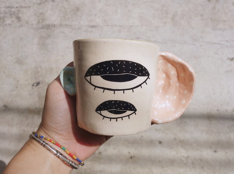 Handmade ceramic mug 2 eyes and big ear human :) - Pottery & Ceramics - Pottery Multicolor