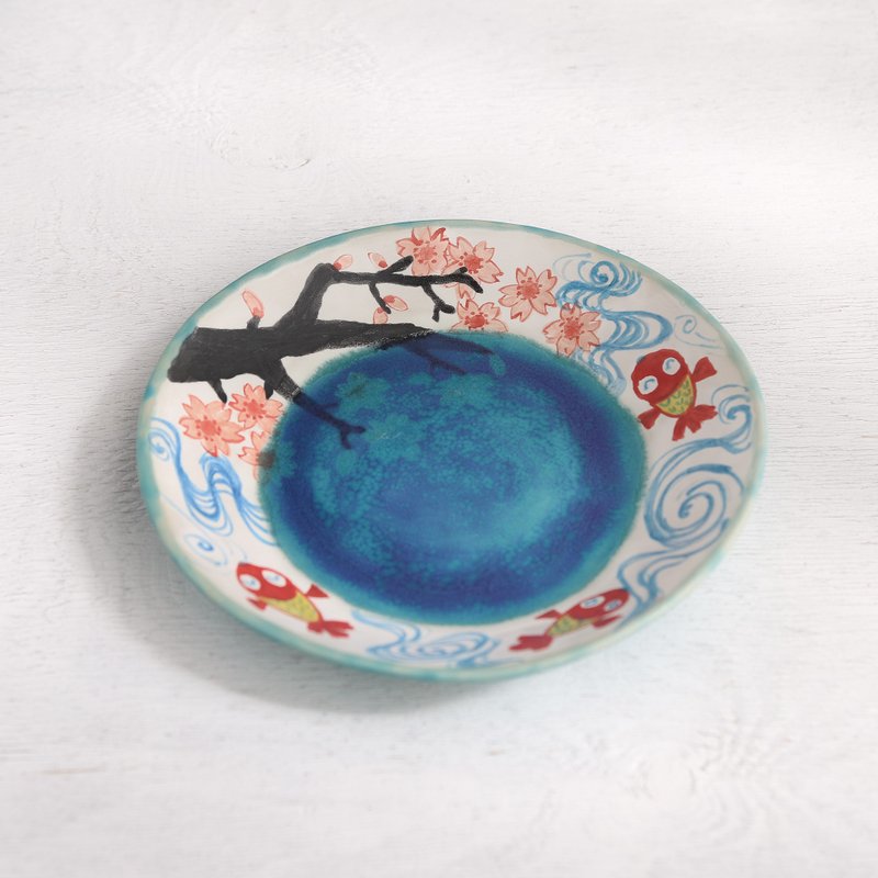 Cherry blossoms and goldfish colored plate, turquoise blue - จานและถาด - ดินเผา หลากหลายสี
