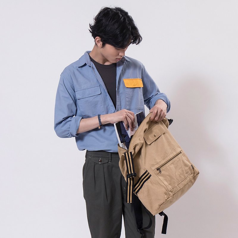 【ad-lib】2-way Backpack - Khaki//Olive (BA147) - กระเป๋าเป้สะพายหลัง - ผ้าฝ้าย/ผ้าลินิน สีกากี