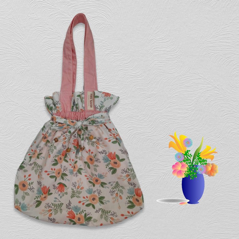 Drawstring bag, shoulder bag, floral pattern, casual bag, travel bag , Gifts - 索繩袋/束口袋 - 棉．麻 橘色