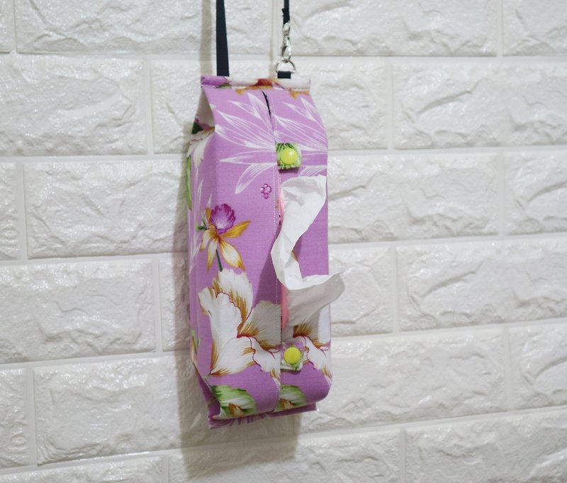 活動式掛鉤 可掛式 收納包 衛生紙盒 面紙盒 露營 車用~~淺紫花卉 - 紙巾盒 - 棉．麻 紫色