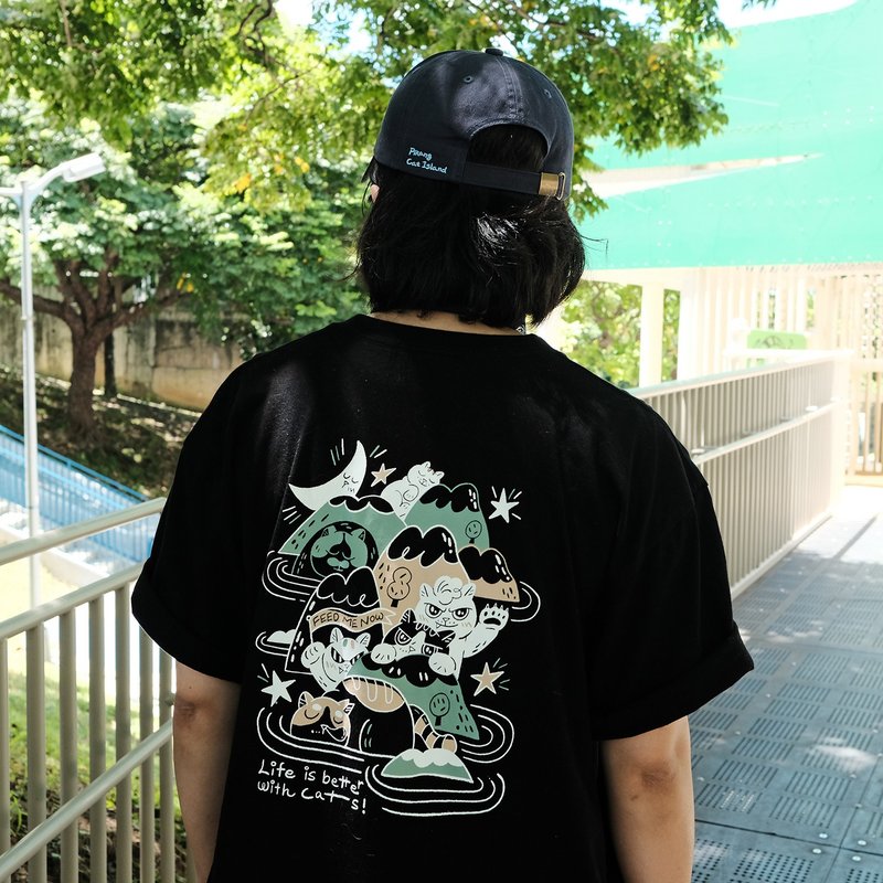 黒猫島Tシャツ / 夜の猫島 - Tシャツ - コットン・麻 ブラック