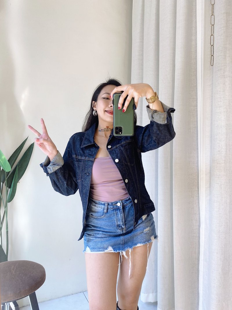 Dark black blue classic plain casual party vintage lapel cotton denim jacket vintage coat - เสื้อแจ็คเก็ต - ผ้าฝ้าย/ผ้าลินิน สีน้ำเงิน