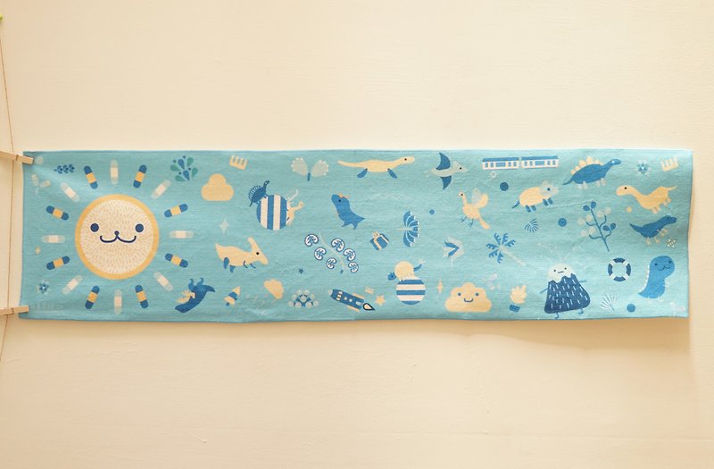 Sports Towel-Father Sun and Dinosaur Party-Light Blue-Made after Order-No Return - ชุดกีฬาผู้หญิง - เส้นใยสังเคราะห์ สีน้ำเงิน