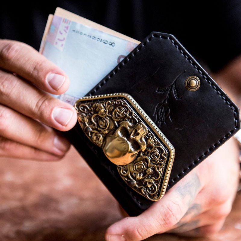 Genuine leather wallet, unisex Skull and Roses bifold wallet - Wallets - Other Materials Black