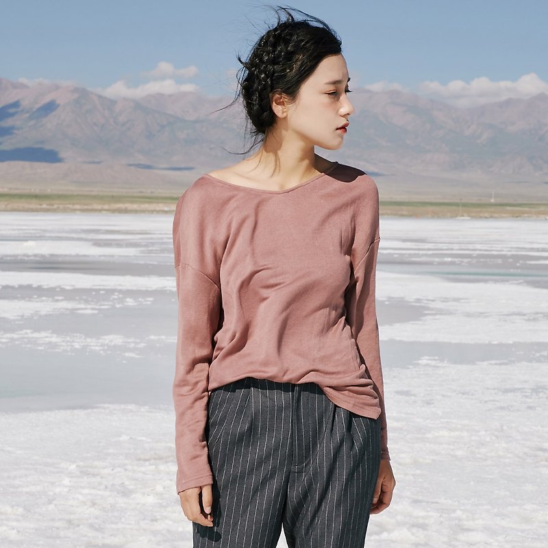 Anne Chen 2017 autumn new women's V-neck knit long-sleeved T-shirt - Women's T-Shirts - Other Materials Pink