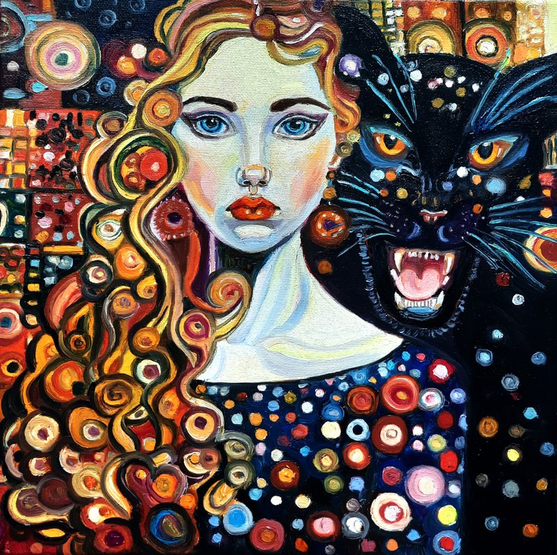 原創畫 The Girl with a Cat  Painting  Original Art  Oil Painting  Oil On Canvas - 壁貼/牆壁裝飾 - 其他材質 橘色