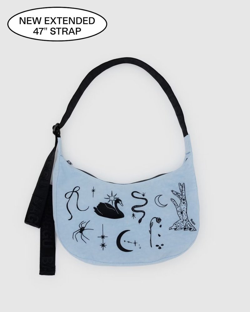 BAGGU - Nylon Crossbody Moon Bag - Embroidered Ballet Icons (Embroidery) - Messenger Bags & Sling Bags - Waterproof Material Blue