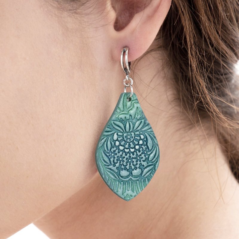 Mint Blue Leather Earrings, Lightweight Women's Earrings, Floral Pattern - Earrings & Clip-ons - Genuine Leather Green