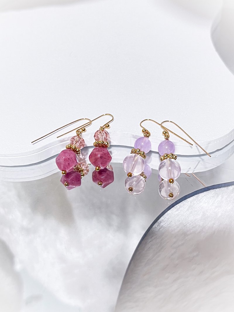 [Customizable] Purple Chalcedony • Rose Quartz • Rose Stone| 14K gold-filled crystal earrings - Earrings & Clip-ons - Crystal Pink