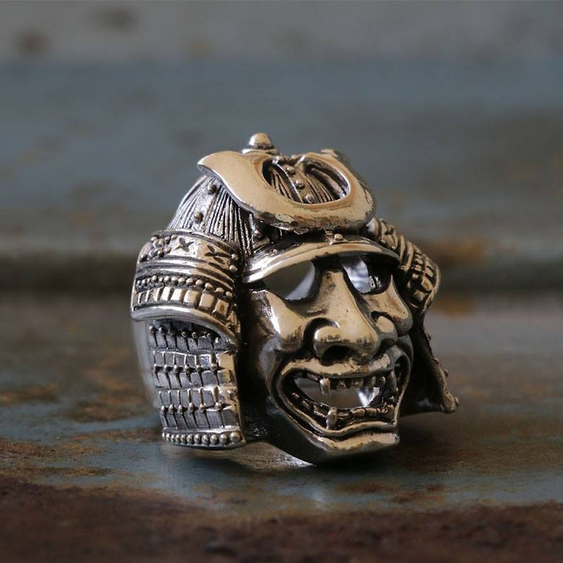 Biker Ring sterling silver skull samurai mask Japanese warrior Bushido DEMON ONI - General Rings - Other Metals Silver