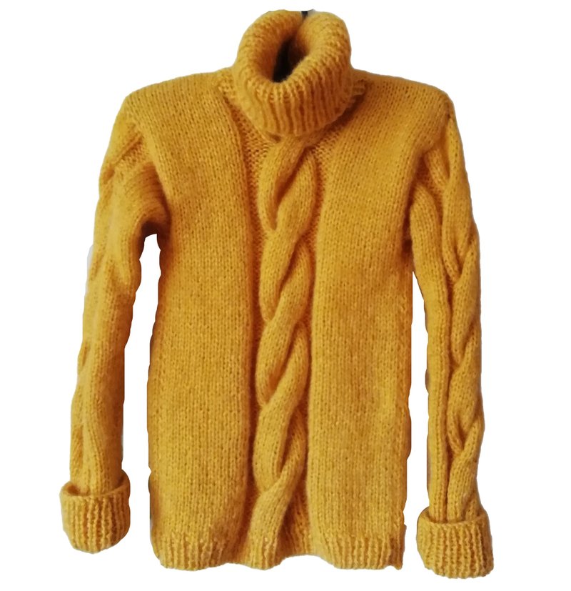 Volume Bright Yellow Sweater-Turtleneck Chunky Knitted Warm Wool Jacket Braids - Other - Wool Yellow