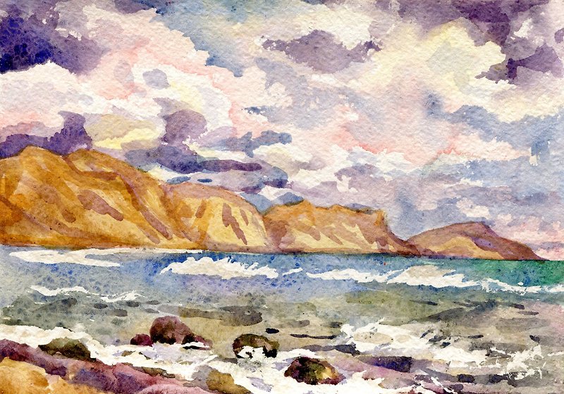 Seascape WATERCOLOR PAINTING ORIGINAL gift landscape Picture on the wall - Posters - Paper Purple