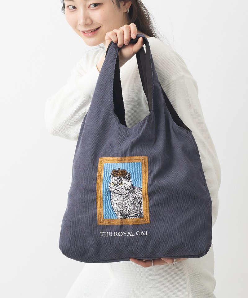 Jubilee Animal Embroidery Corduroy Tote Bag Cat DK.gray - Messenger Bags & Sling Bags - Polyester Gray