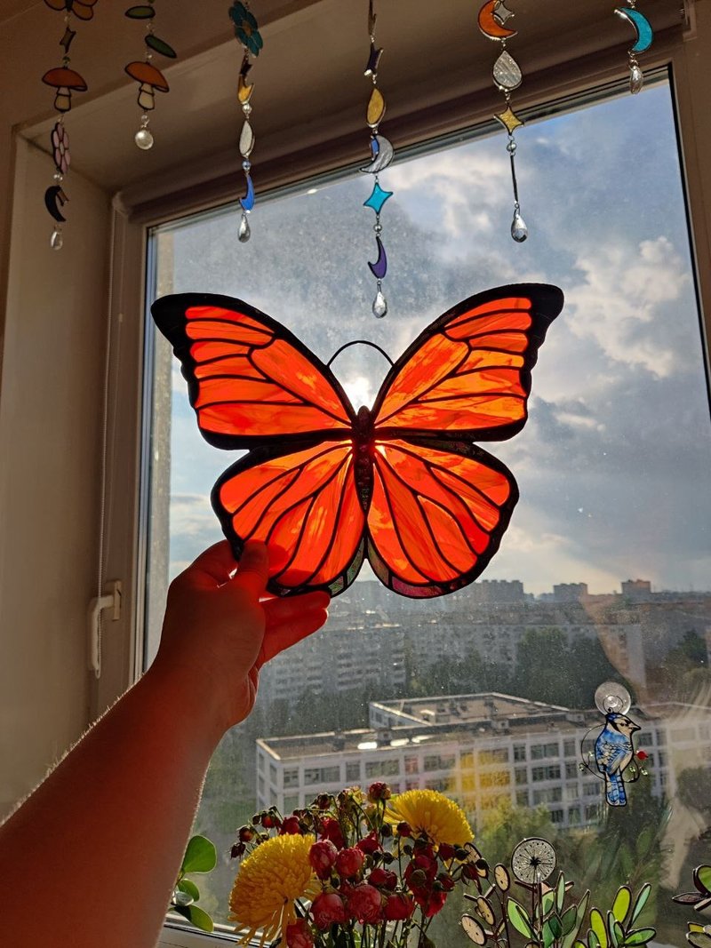 Stained glass butterfly panel, Suncatcher, Glass home decor, Anniversary gift - 壁貼/牆壁裝飾 - 玻璃 