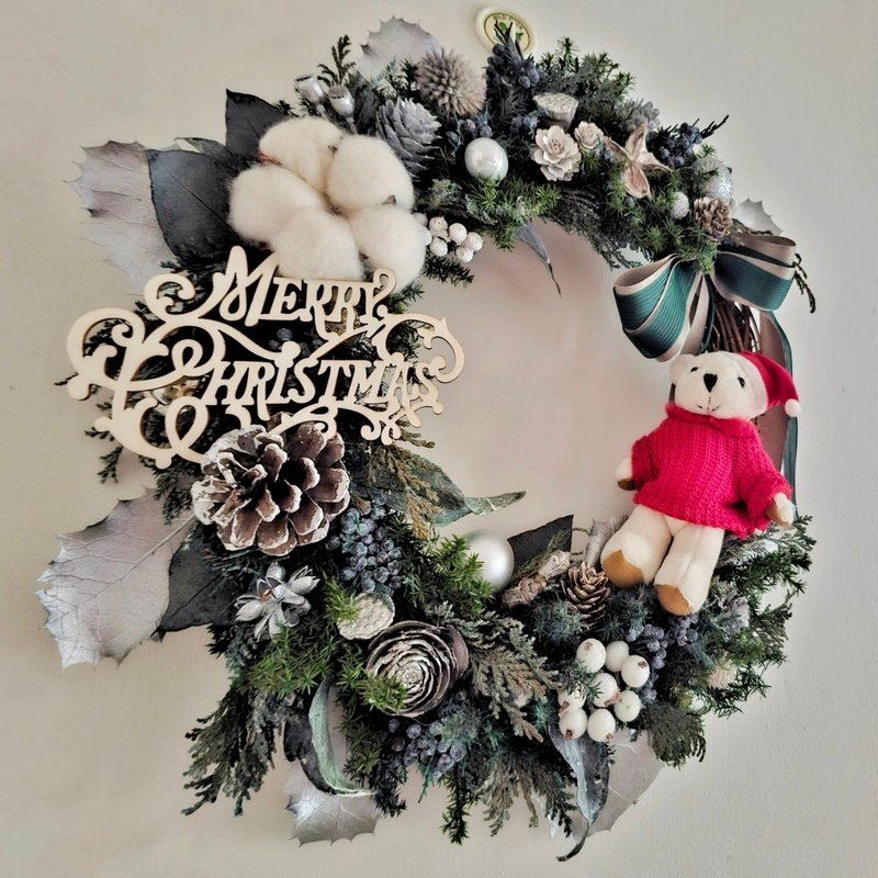 Warm Christmas bear winter blessing wreath - ช่อดอกไม้แห้ง - พืช/ดอกไม้ 