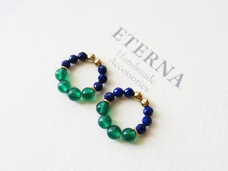 Green onyx and lapis lazuli, tiny hoop earrings 夾式耳環 - Earrings & Clip-ons - Stone Green