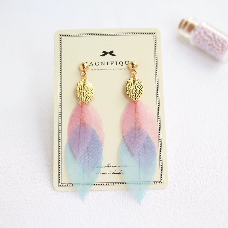  Dreamy organza Silk Yarn Leaf pink Blue Drop Earrings  - Earrings & Clip-ons - Silk Pink